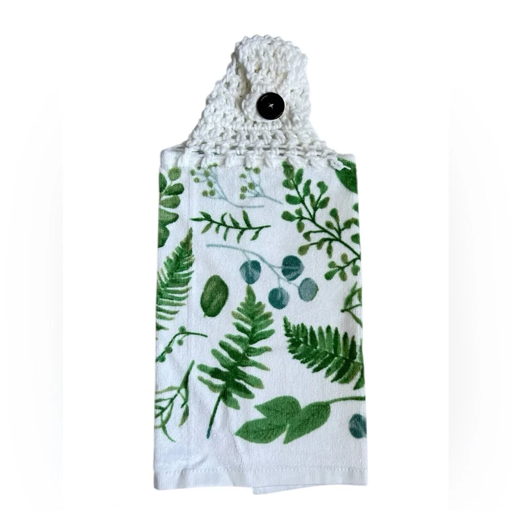 Hand Crafted Colorful Green Leaf Print Kitchen Hanging Hand Towel
